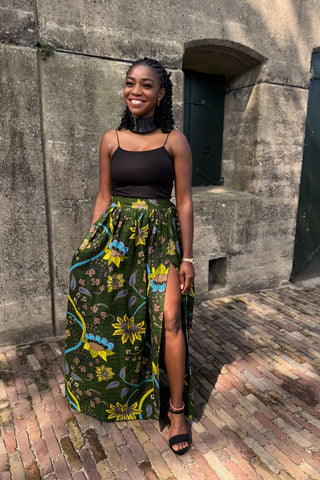 African print maxi skirt - Dark Green & Yellow Botanical Flow