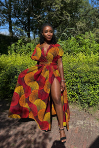 African Print Infinity Multiway Maxi Dress - Red & Yellow Concentric Circle Design
