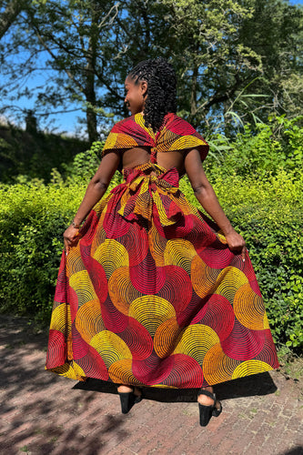 African Print Infinity Multiway Maxi Dress - Red & Yellow Concentric Circle Design
