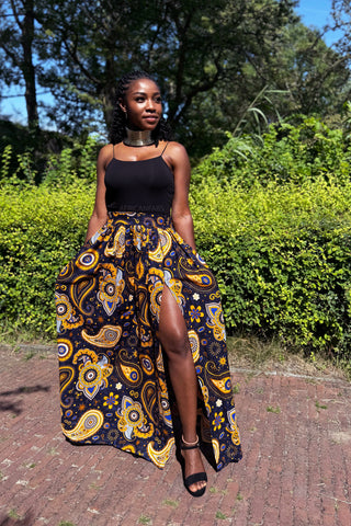 African print maxi skirt - Navy blue Yellow Paisley