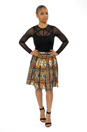 African print mini skirt - Red Orange Bogolan Symbols