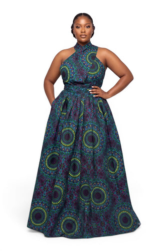 African Print Infinity Multiway Maxi Dress - Adjustable Slit - Blue Green Safari Mosaic