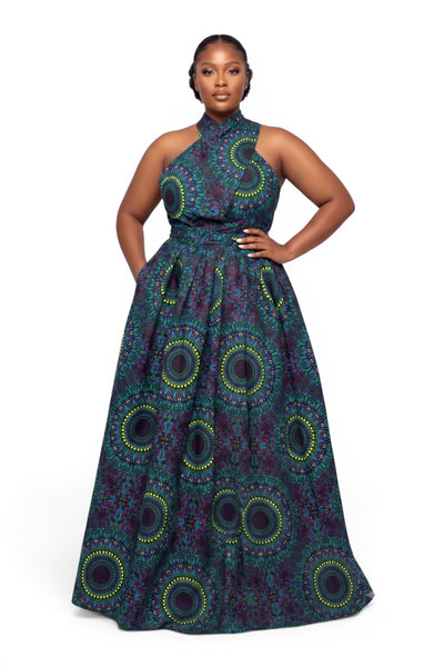African Print Infinity Multiway Maxi Dress - Adjustable Slit - Blue Green Safari Mosaic