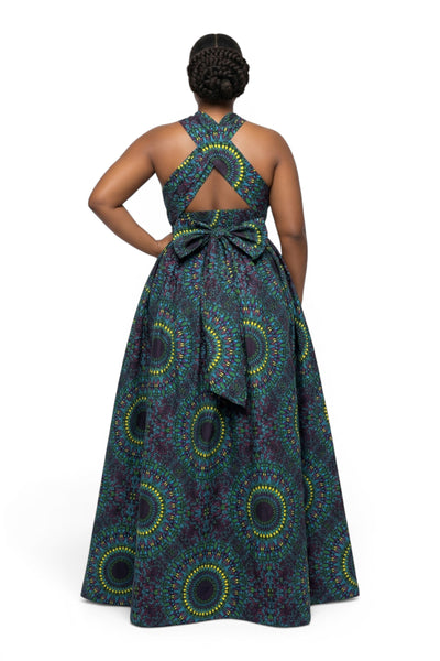 African Print Infinity Multiway Maxi Dress - Adjustable Slit - Blue Green Safari Mosaic