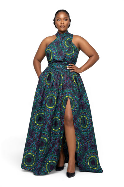 African Print Infinity Multiway Maxi Dress - Adjustable Slit - Blue Green Safari Mosaic