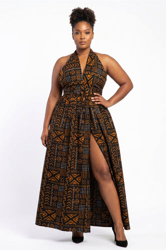 African Print Infinity Multiway Maxi Dress - Adjustable Slit - Black Orange Bogolan Spirit