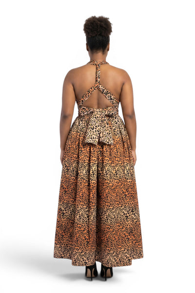 African Print Infinity Multiway Maxi Dress - Adjustable Slit - Orange Beige Leopard Queen