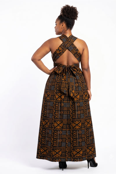 African Print Infinity Multiway Maxi Dress - Adjustable Slit - Black Orange Bogolan Spirit