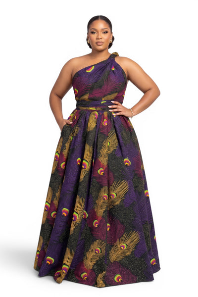 African Print Infinity Multiway Maxi Dress - Adjustable Slit - Purple Yellow Royal Peacock