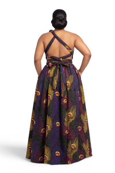 African Print Infinity Multiway Maxi Dress - Adjustable Slit - Purple Yellow Royal Peacock