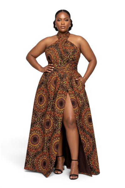 African Print Infinity Multiway Maxi Dress - Adjustable Slit - Brown Savanna Sun