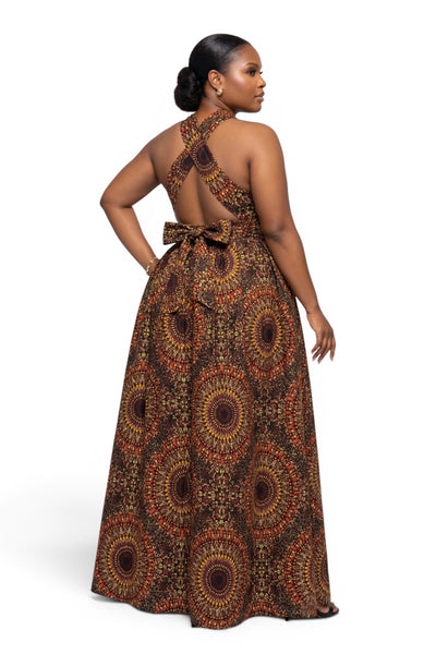 African Print Infinity Multiway Maxi Dress - Adjustable Slit - Brown Savanna Sun