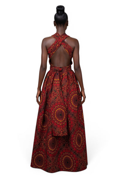 African Print Infinity Multiway Maxi Dress - Adjustable Slit - Red Sunfire Bloom