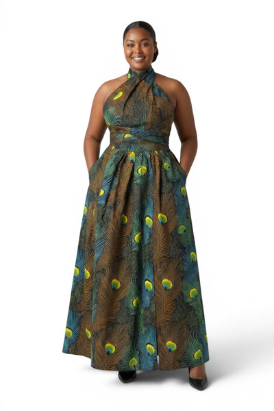 African Print Infinity Multiway Maxi Dress - Adjustable Slit - Teal Brown Peacock Majesty