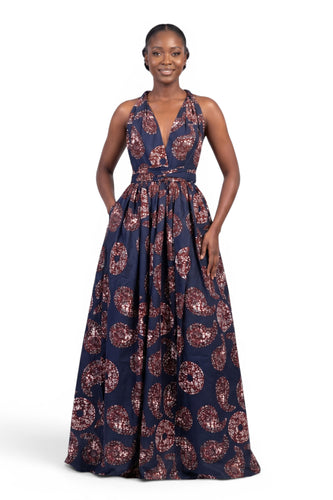African Print Infinity Multiway Maxi Dress - Adjustable Slit - Blue Brown Sahara Paisley