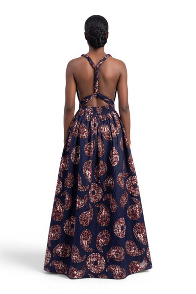 African Print Infinity Multiway Maxi Dress - Adjustable Slit - Blue Brown Sahara Paisley