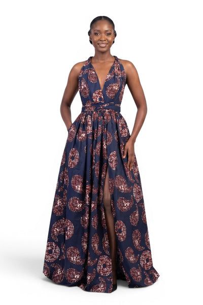 African Print Infinity Multiway Maxi Dress - Adjustable Slit - Blue Brown Sahara Paisley