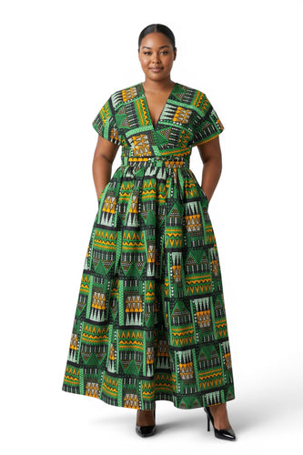African Print Infinity Multiway Maxi Dress - Adjustable Slit - Green Emerald Spirit