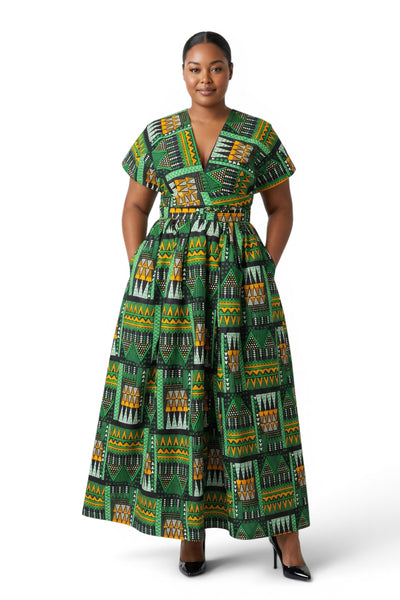 African Print Infinity Multiway Maxi Dress - Adjustable Slit - Green Emerald Spirit