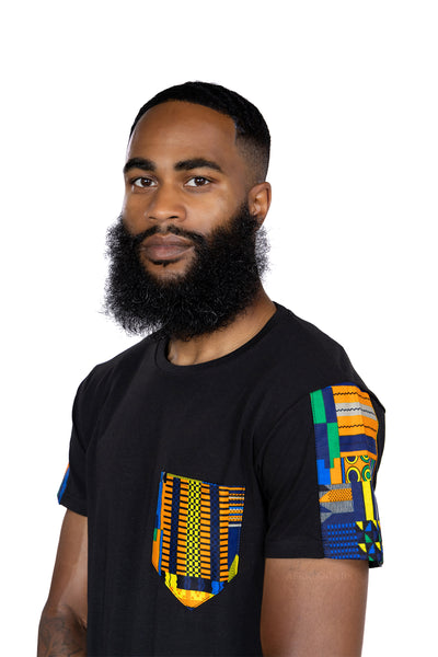 T-shirt with African print details - Blue / orange Kente pocket