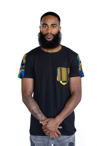 T-shirt with African print details - Blue / orange Kente pocket