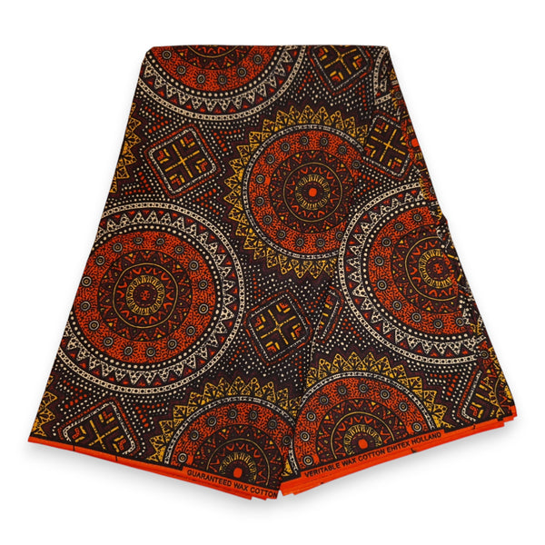 African Wax print fabric - Orange and Brown Sacred Circle Patterns - 100% cotton