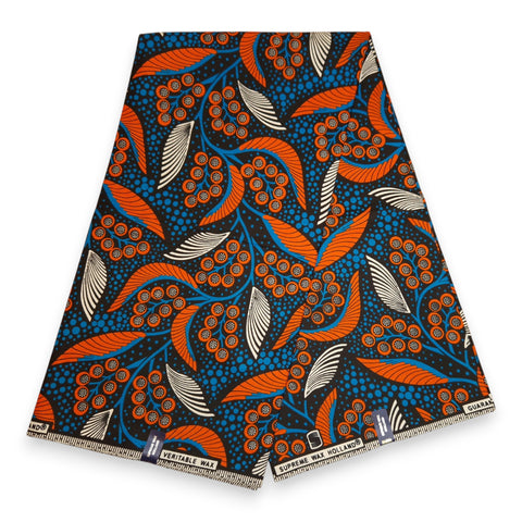 African Wax print fabric - Blue and Orange Leaves And Berries - 100% cotton