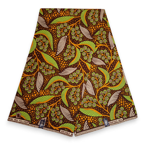 African Wax print fabric - Brown and Green Leaves And Berries - 100% cotton