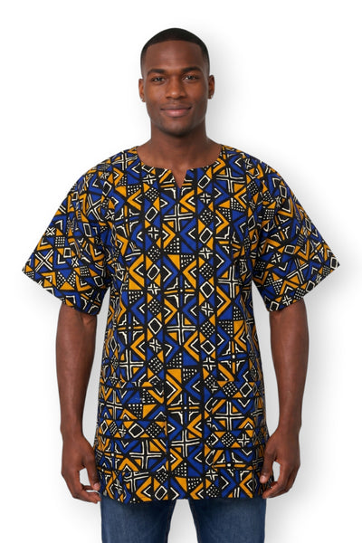 Blue Bogolan Geometry Dashiki Shirt / Dashiki Dress - African print top - Unisex