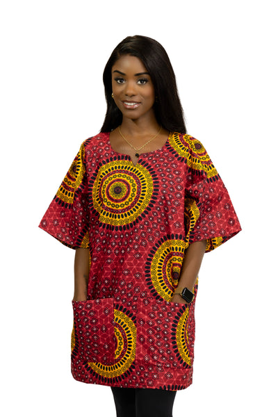 Red Dotted Patterns Dashiki Shirt / Dashiki Dress - African print top