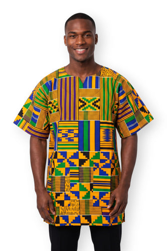 Yellow Blue Kente Blocks Dashiki Shirt / Dashiki Dress - African print top - Unisex