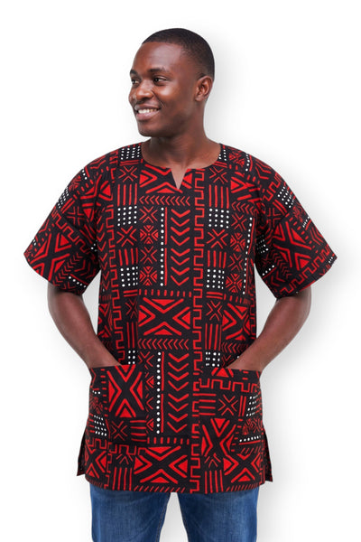 Red Black Bogolan Symbols Dashiki Shirt / Dashiki Dress - African print top - Unisex