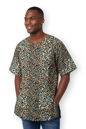 Beige Turquoise Leopard Spots Dashiki Shirt / Dashiki Dress - African print top - Unisex