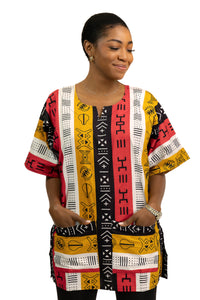 Red Bogolan Symbols Dashiki Shirt / Dashiki Dress - African print top