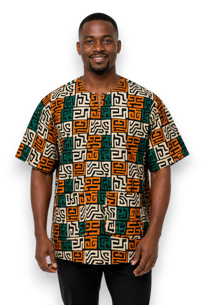 Teal & Yellow-Orange Kuba Blocks Dashiki Shirt / Dashiki Dress - African print top - Unisex