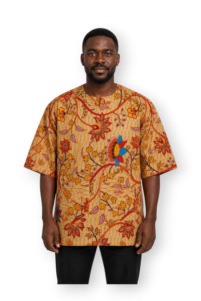 Beige & Orange Botanical Flow Dashiki Shirt / Dashiki Dress - African print top - Unisex