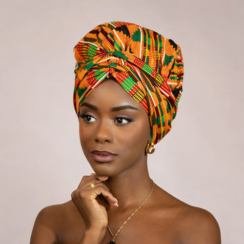 Easy headwrap - Satin lined hair bonnet - Kente Orange / green