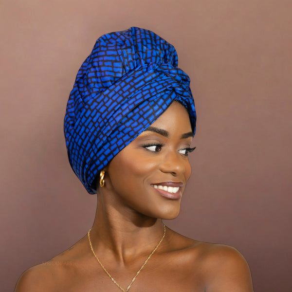 Easy headwrap - Satin lined hair bonnet - Blue blocks