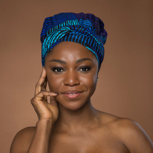 Easy headwrap - Satin lined hair bonnet - Blue & Turquoise Concentric