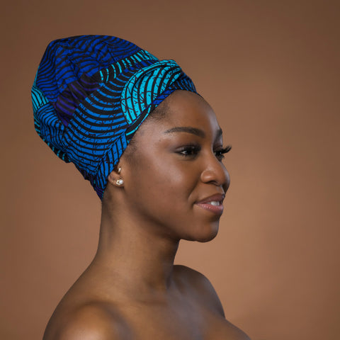 Easy headwrap - Satin lined hair bonnet - Blue & Turquoise Concentric