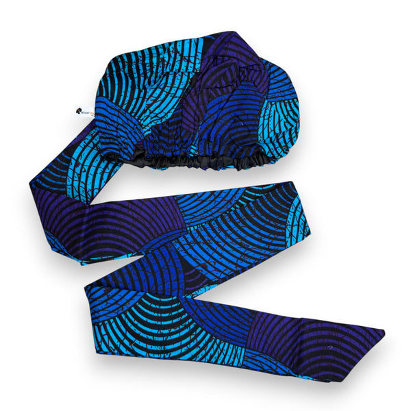 Easy headwrap - Satin lined hair bonnet - Blue & Turquoise Concentric