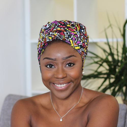 Easy headwrap - Satin lined hair bonnet - Yellow / purple Tribal print