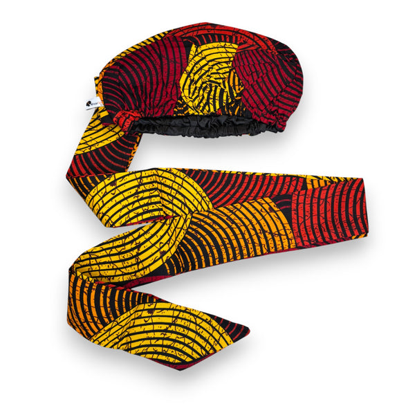 Easy headwrap - Satin lined hair bonnet - Red & Yellow Concentric