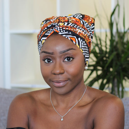 Easy headwrap - Satin lined hair bonnet - Orange / white Chidinma