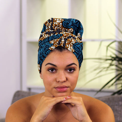 Easy headwrap - Satin lined hair bonnet - Blue / Mustard classic