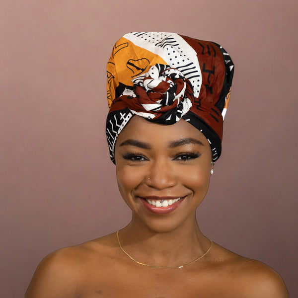 Easy headwrap - Satin lined hair bonnet - Dark Brown / Yellow Bogolan Symbols