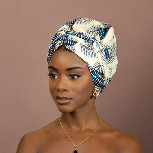 Easy headwrap - Satin lined hair bonnet - Blue / white flower