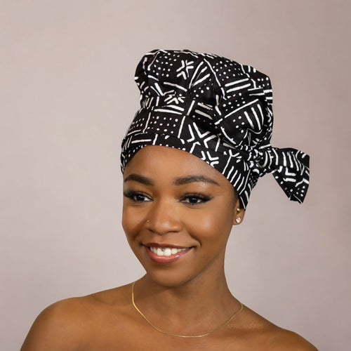 Easy headwrap - Satin lined hair bonnet - Black White X Bogolan