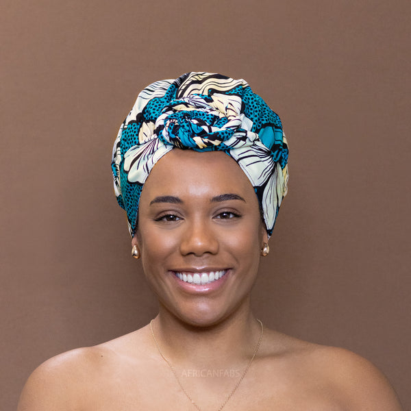 Easy headwrap - Satin lined hair bonnet - Dark turquoise flower