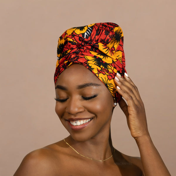 Easy headwrap - Satin lined hair bonnet - Red Flowers